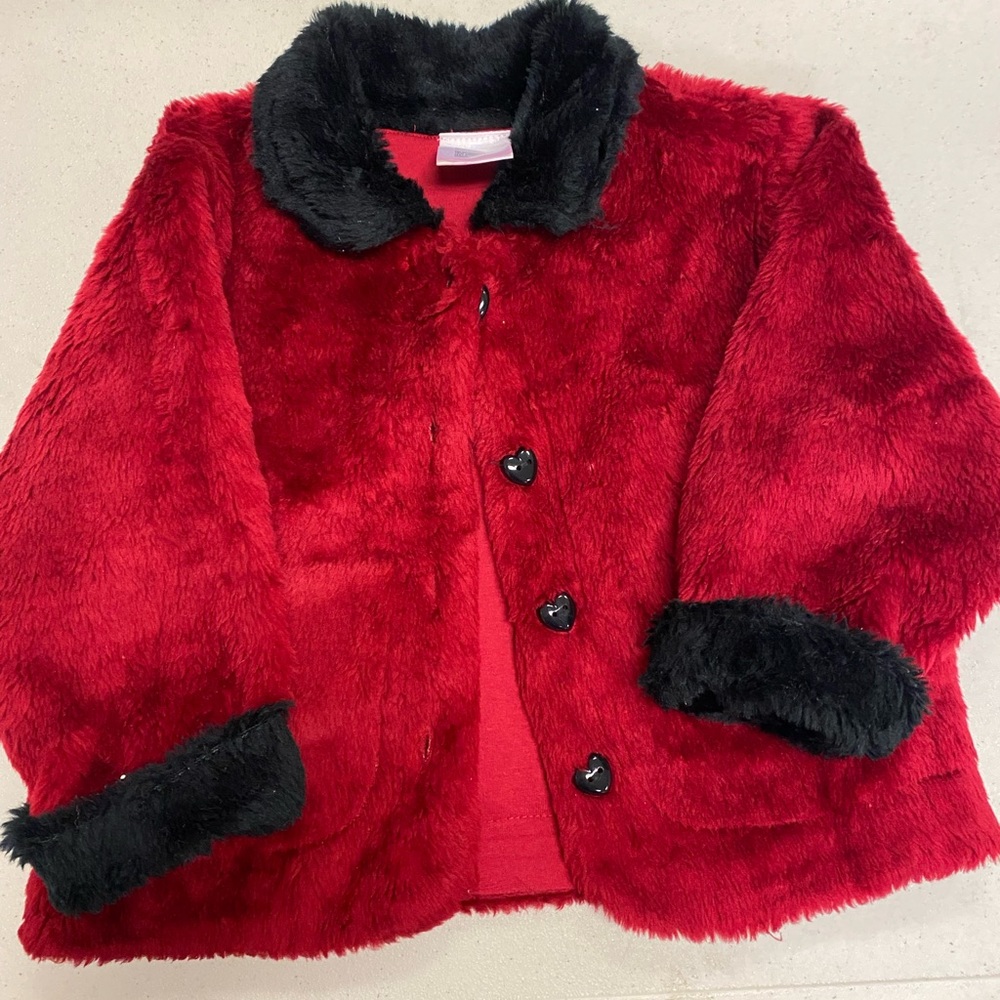 Red with black trim fuzzy holiday jacket size 24 mos